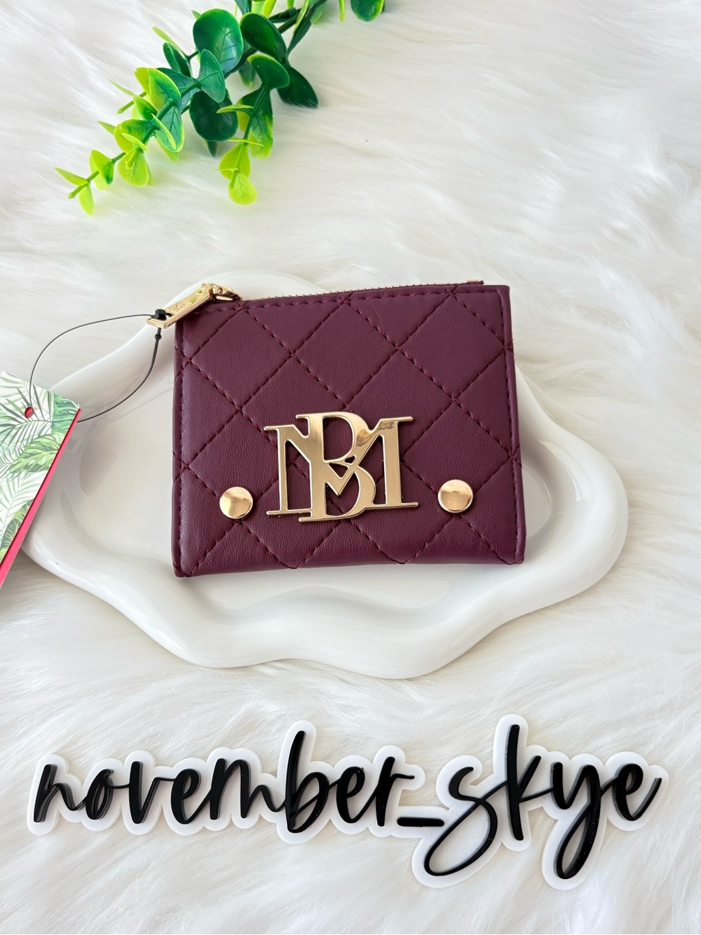 Badgley Mischka Quilted Burgundy Card Wallet with Gold Logo
